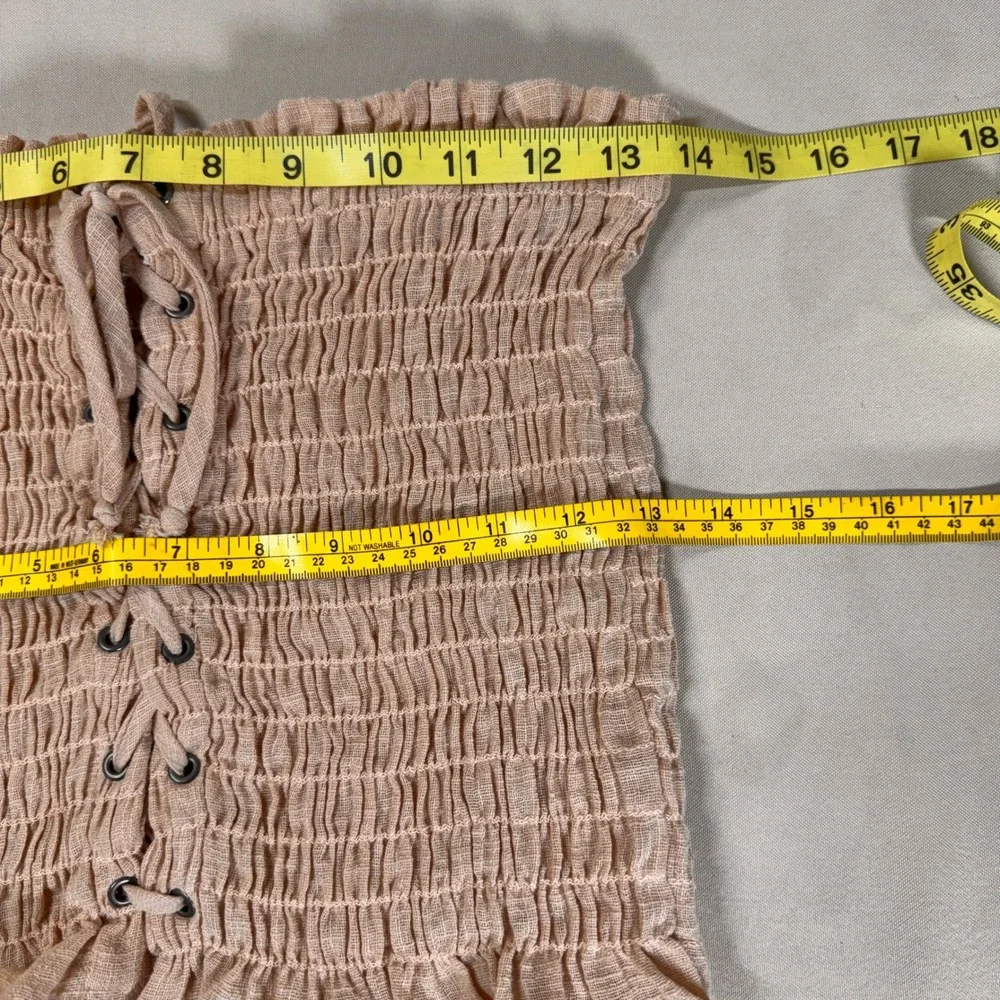 Intimately Free People Smocked Tube Top Lace Up Peach Ruffle Strapless Large EUC